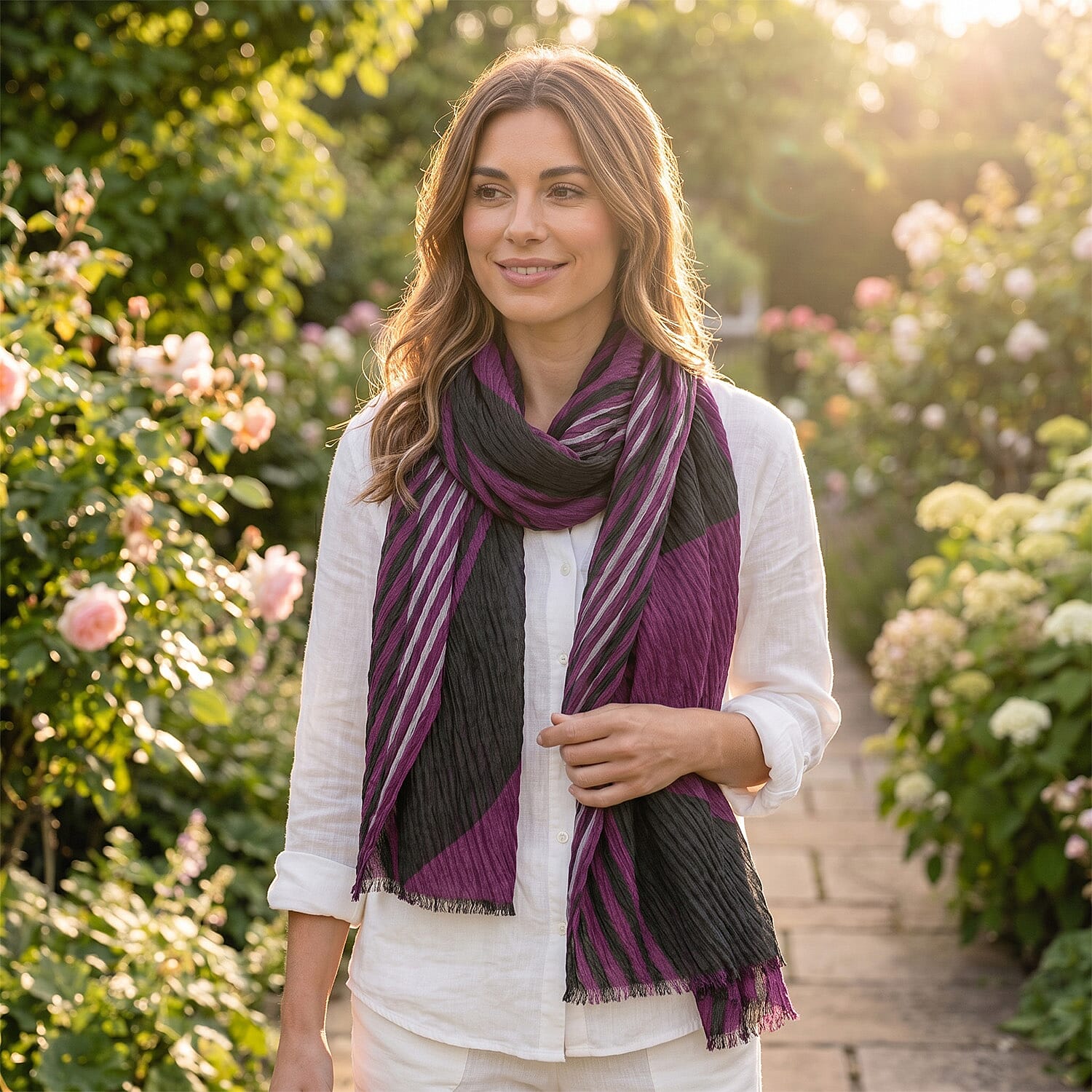 Large Diagonal Stripe Crinkle Frayed Scarf (Size 90 x 180 Cm) - Berry
