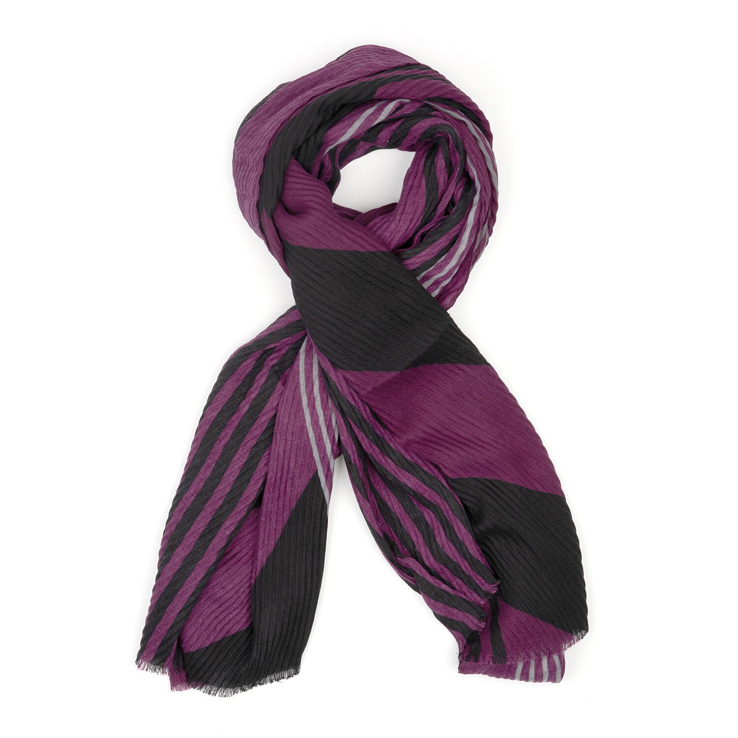 Large Diagonal Stripe Crinkle Frayed Scarf (Size 90 x 180 Cm) - Berry