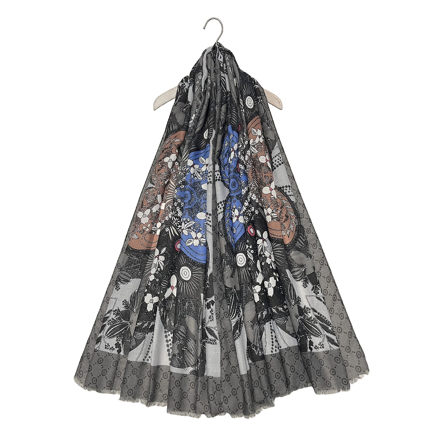 Floral Printed Shamrock Frayed Scarf (Size 90 x 180 Cm) - Grey
