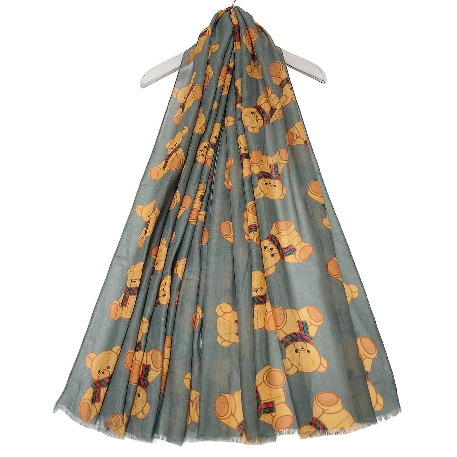 Cartoon Teddy Bear Print Frayed Scarf - Grey & Orange