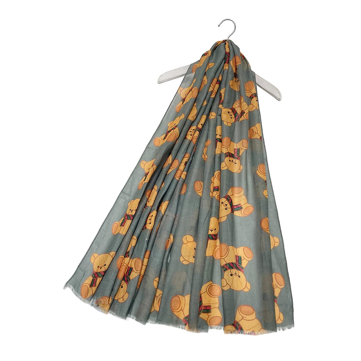 Cartoon Teddy Bear Print Frayed Scarf - Grey & Orange