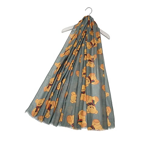 Cartoon Teddy Bear Print Frayed Scarf - Grey & Orange