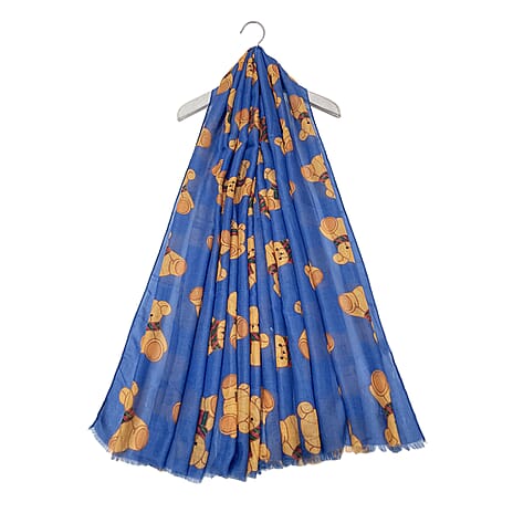Cartoon Teddy Bear Print Frayed Scarf (Size 70 x 180 Cm) - Blue