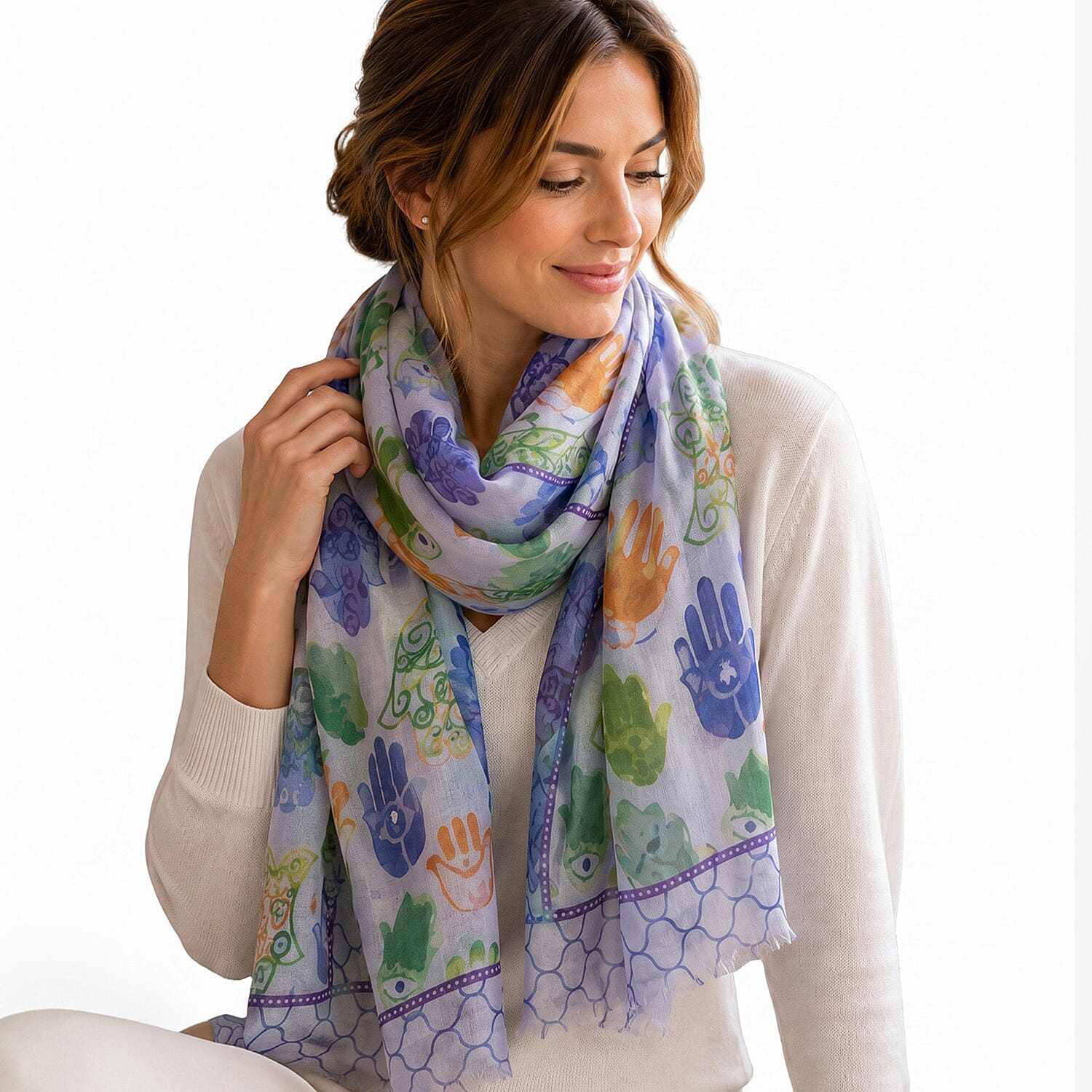 Hamsa Hand & Tile Border Print Frayed Scarf (Size 70 x 180 Cm) - Purple- Multi