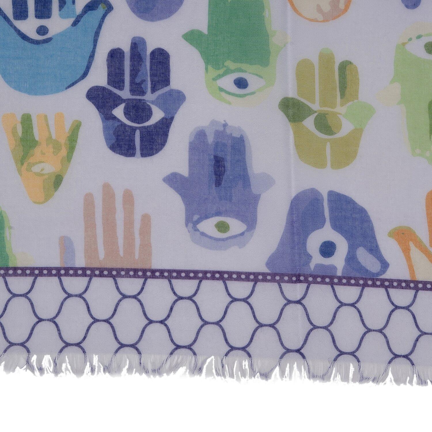 Hamsa Hand & Tile Border Print Frayed Scarf (Size 70 x 180 Cm) - Purple- Multi