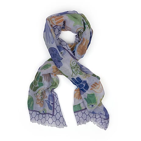 Hamsa Hand & Tile Border Print Frayed Scarf (Size 70 x 180 Cm) - Purple- Multi