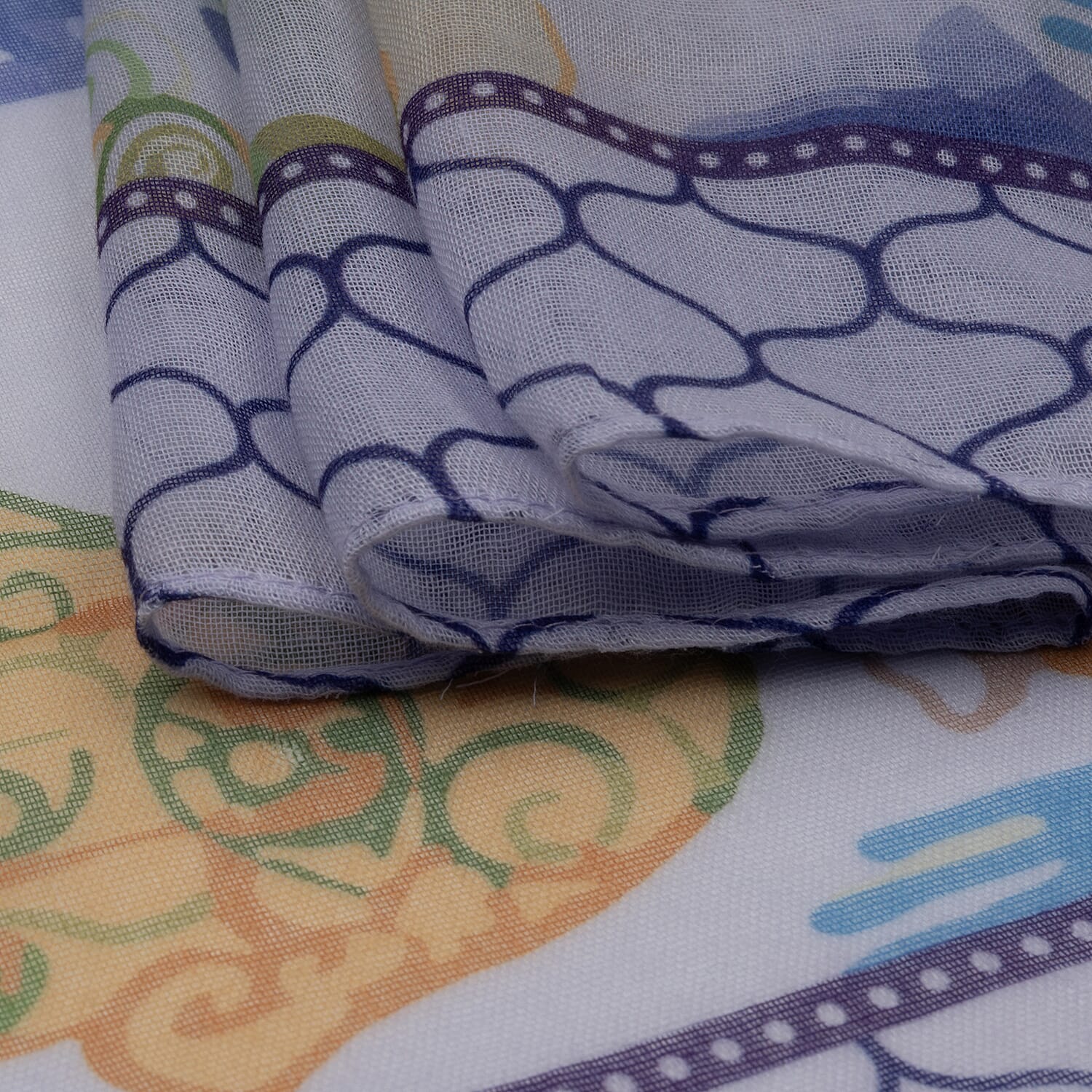 Hamsa Hand & Tile Border Print Frayed Scarf (Size 70 x 180 Cm) - Purple- Multi