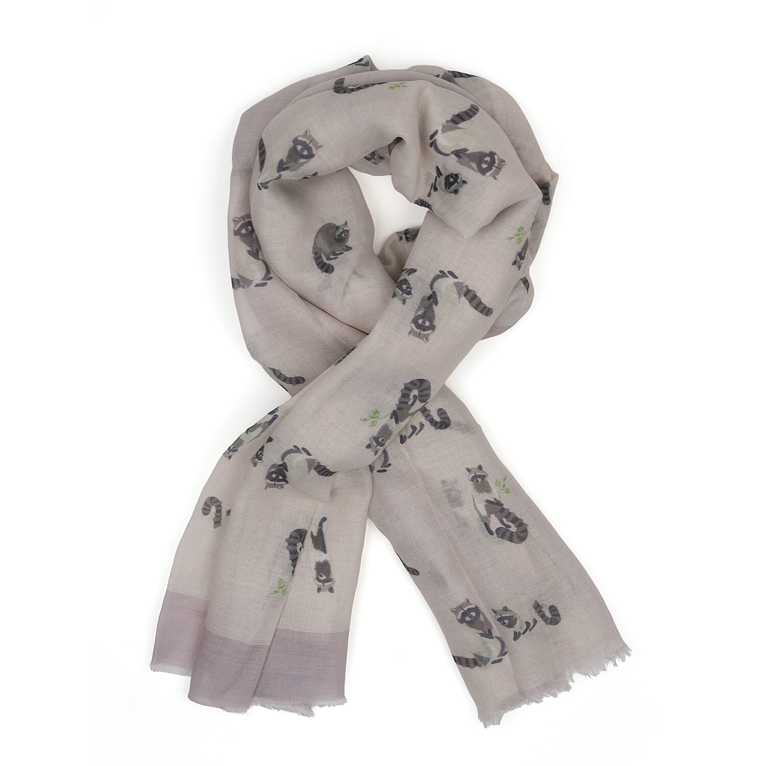 Raccoon Print Frayed Scarf (Size 70 x 180 Cm) - Beige