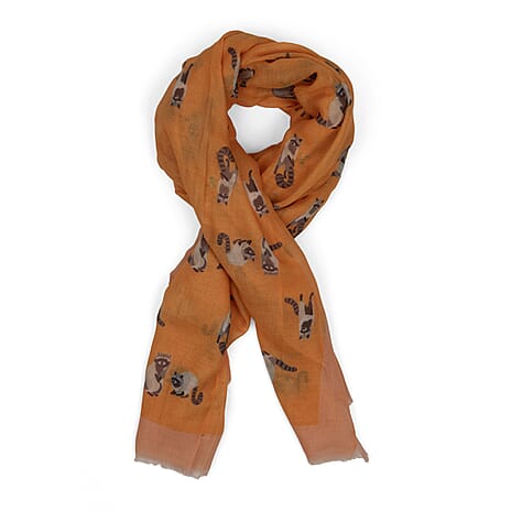 Raccoon Print Frayed Scarf (Size 70 x 180 Cm) - Orange