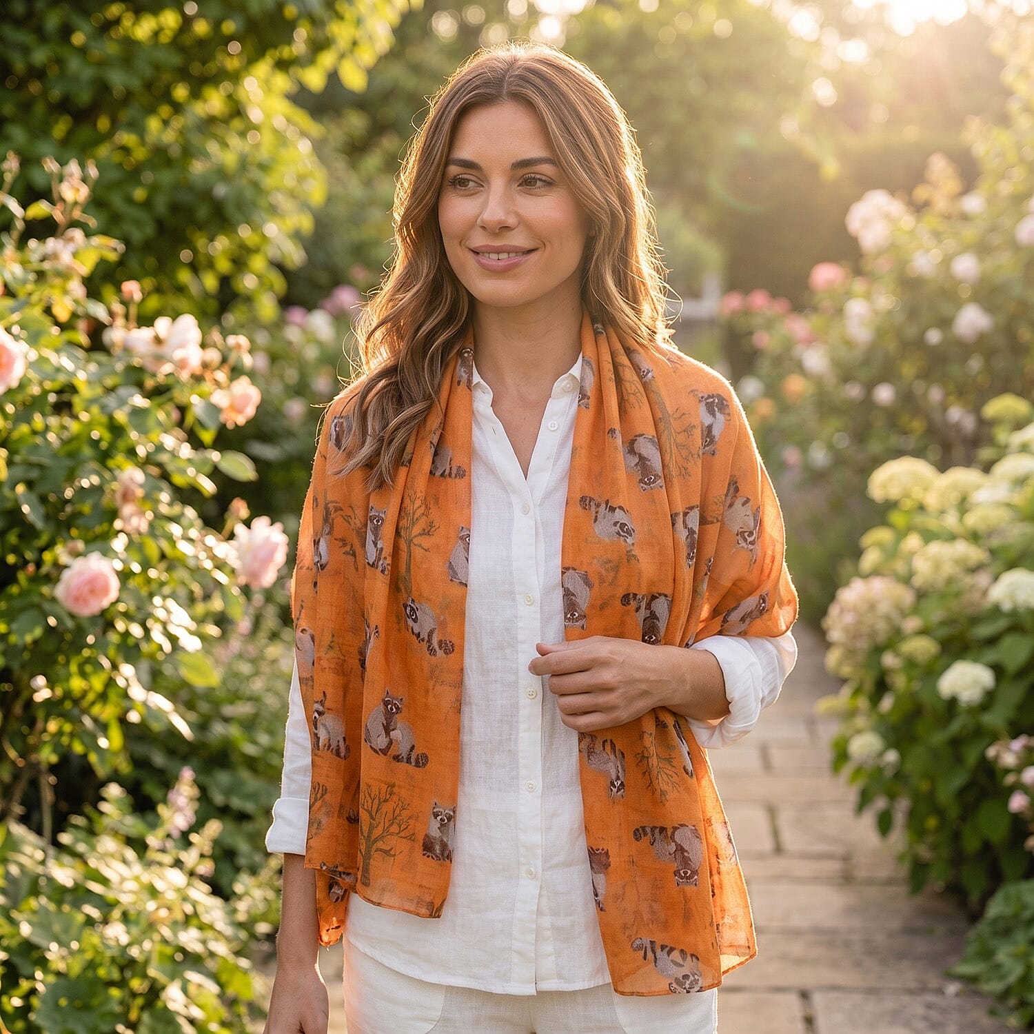 Raccoon Print Frayed Scarf (Size 70 x 180 Cm) - Orange