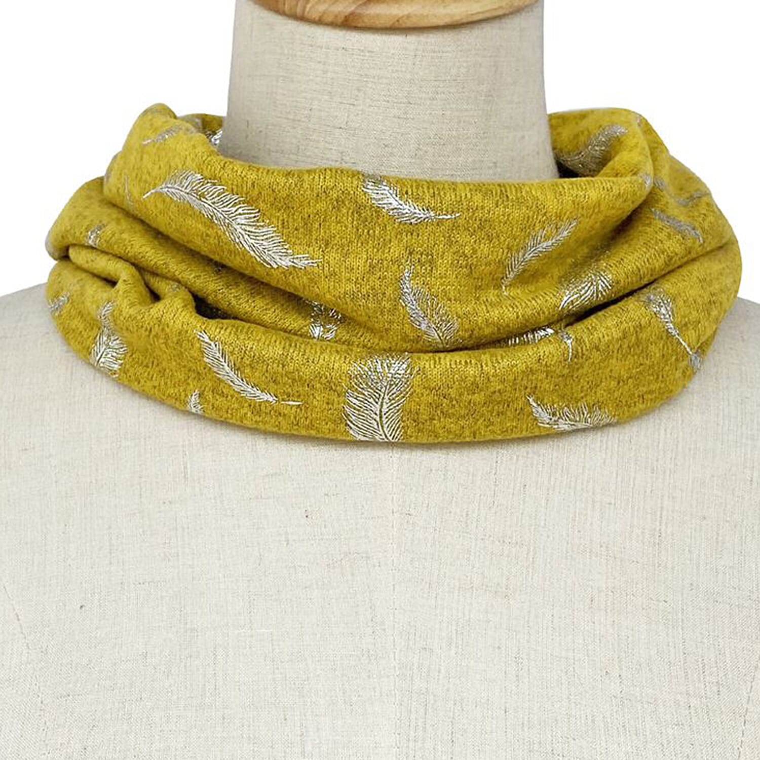 Silver Feather Print Snood - Mustard