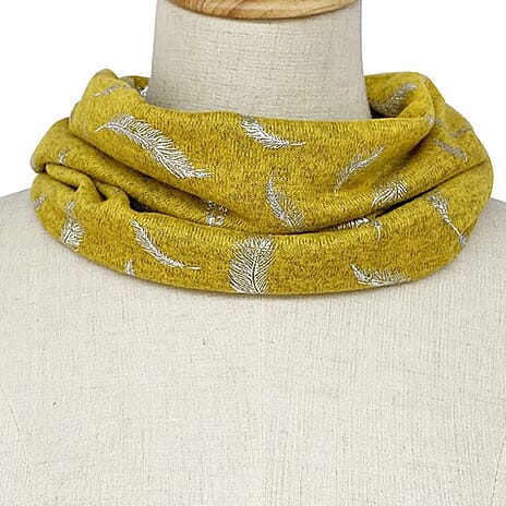 Silver Feather Print Snood - Mustard