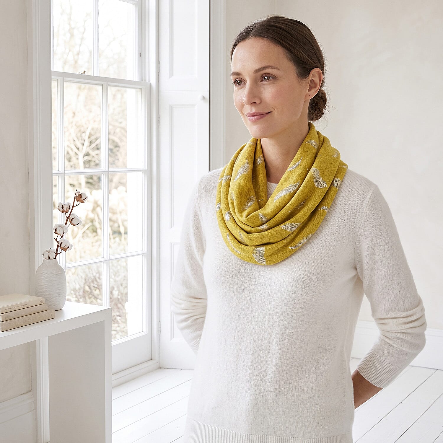 Silver Feather Print Snood (One Size) - Mustard