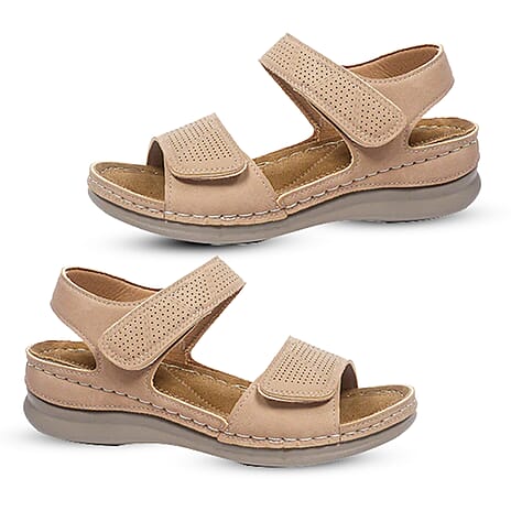 Ruby Comfort Wedge Sandals With Metallic Laser-Cut Floral Adjustable Straps (Size 5) - Beige