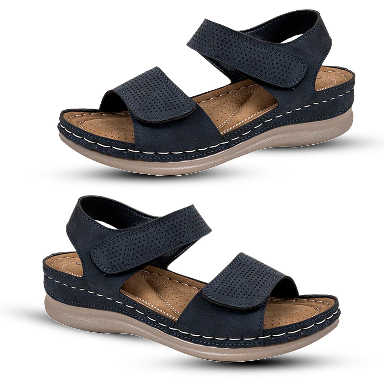 Ruby Comfort Wedge Sandals With Metallic Laser-Cut Floral Adjustable Straps (Size 6) - Navy