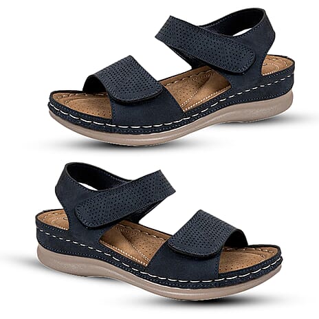 Ruby Comfort Wedge Sandals With Metallic Laser-Cut Floral Adjustable Straps (Size 8) - Navy