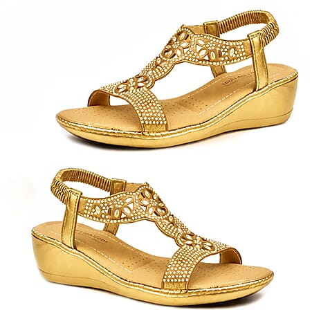 Kayleigh Womens T-Bar Diamanti Summer Wedge Sandals (Size 6) - Gold
