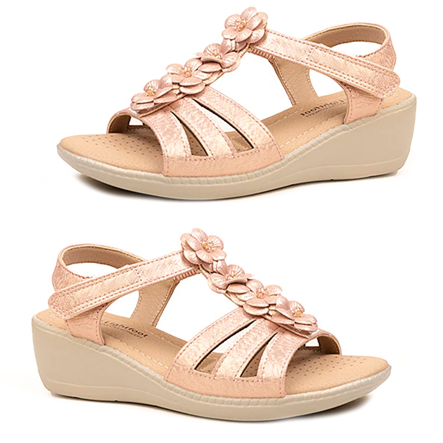 Amelia Womens Wedge T-Bar Summer Sandals With 3D Floral Detail