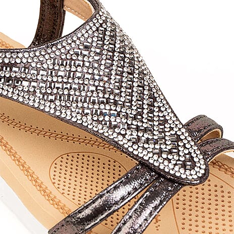 Tallulah Diamante Embellished T-Bar Strap Wedge Sandals (Size 4) - Pewter