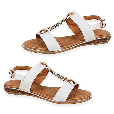 Quinn Ladies Open Toe Gold Beading T-Bar Comfort Slingback Flat Sandals (Size 4) - White