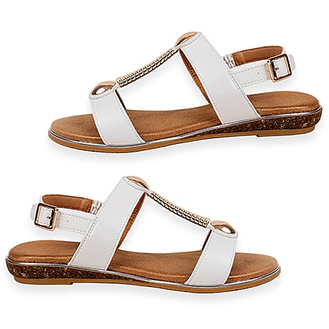 Quinn Ladies Open Toe Gold Beading T-Bar Comfort Slingback Flat Sandals (Size 6) - White