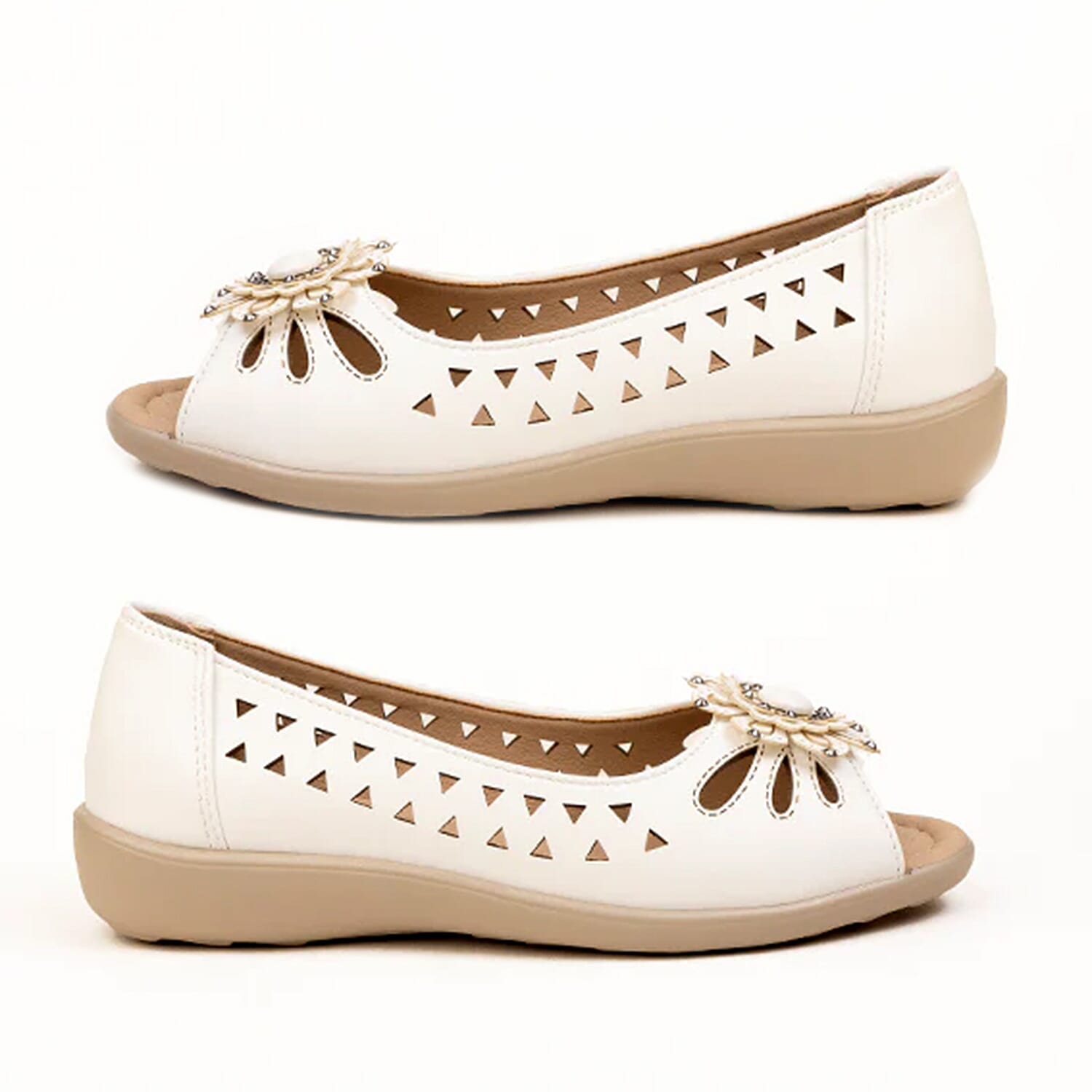 Vivienne Womens Peep Toe Summer Flats With Floral & Laser Cut Triangle Detail&nbsp;