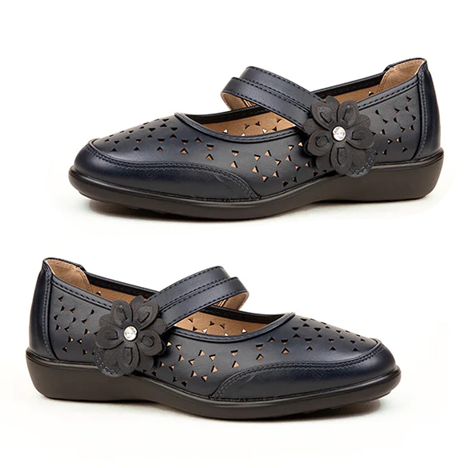 Gabriell Ladies Laser Cut Floral Detail Flat Comfort Pumps (Size 7) - Navy