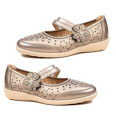 Gabriell Ladies Laser Cut Floral Detail Flat Comfort Pumps (Size 4) - Pewter
