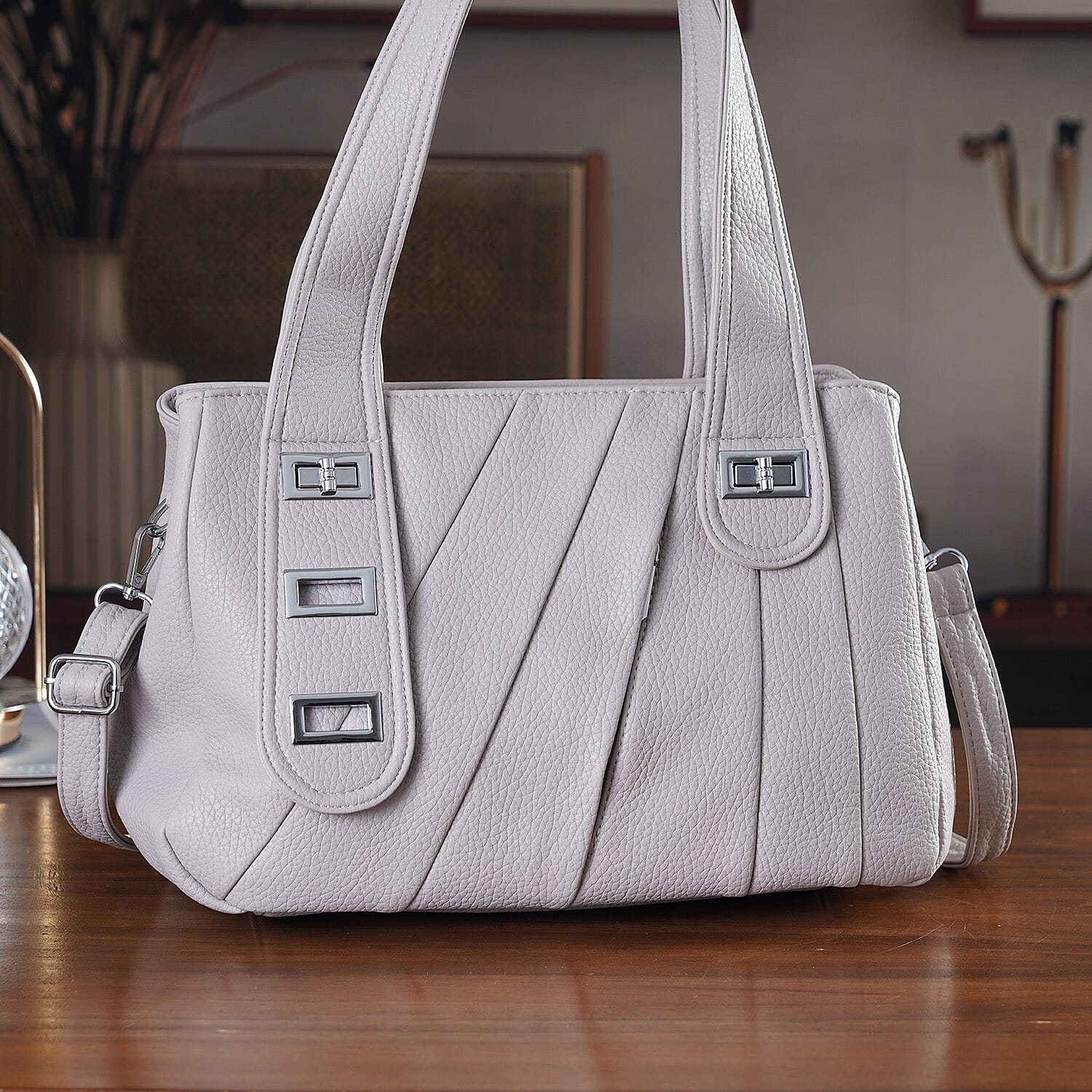 Designer Inspired - Dual-Handle Convertible Crossbody & Shoulder Handbag - Grey