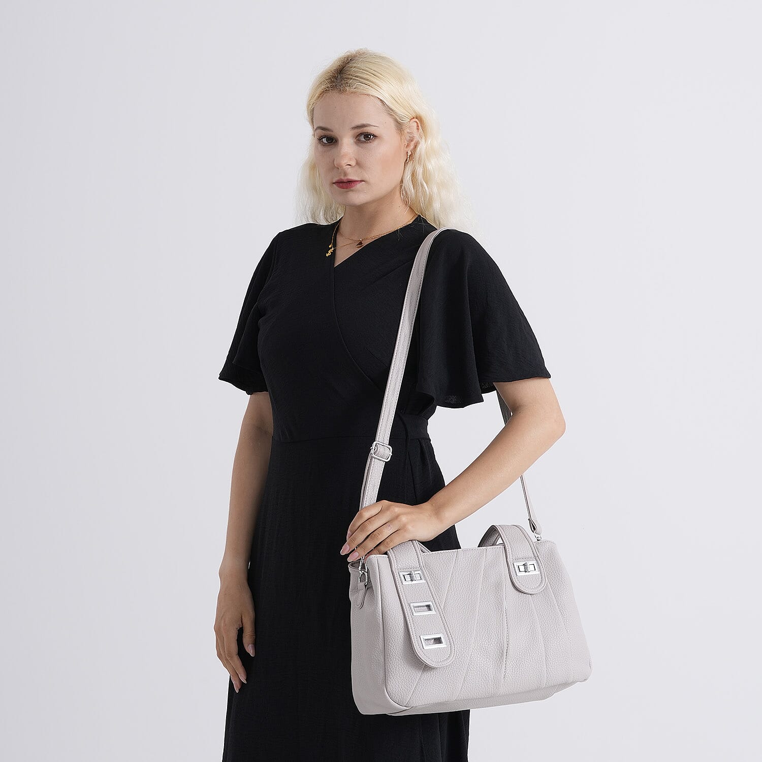 Designer Inspired - Dual-Handle Convertible Crossbody & Shoulder Handbag - Grey