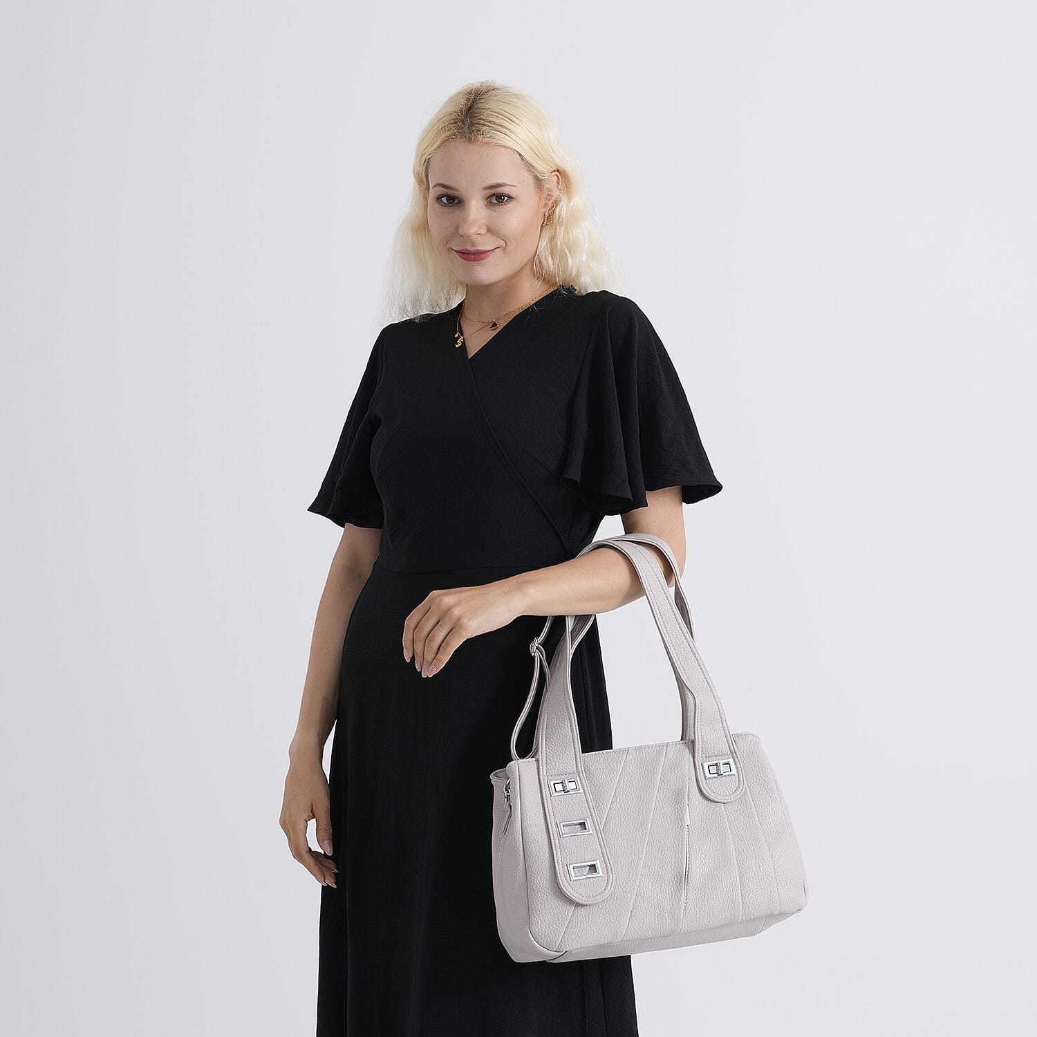 Designer Inspired - Dual-Handle Convertible Crossbody & Shoulder Handbag - Grey