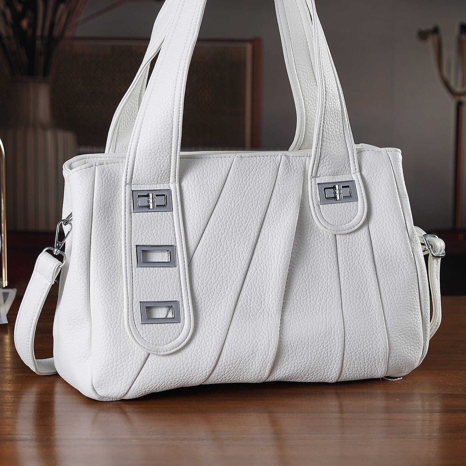 Designer Inspired - Dual-Handle Convertible Crossbody & Shoulder Handbag - White