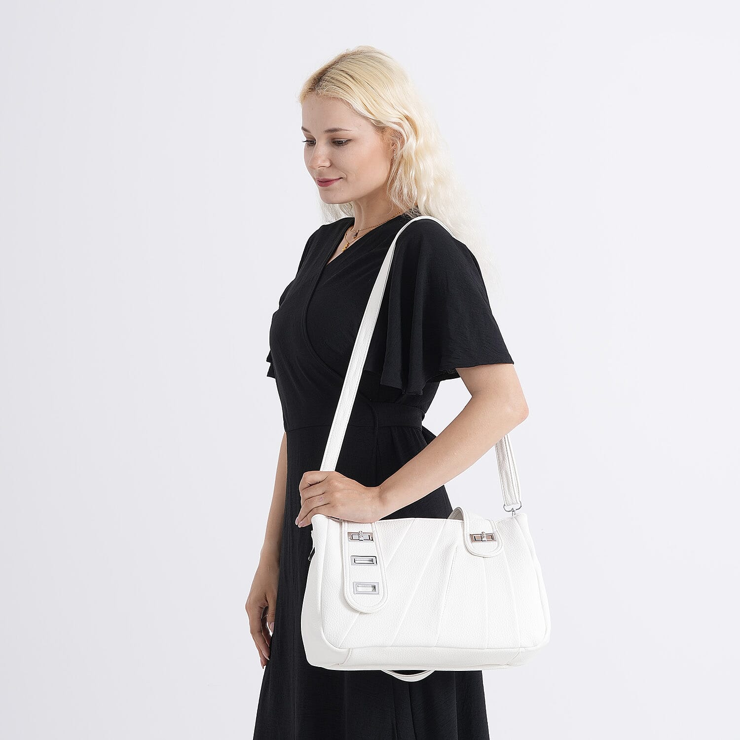 Designer Inspired - Dual-Handle Convertible Crossbody & Shoulder Handbag - White