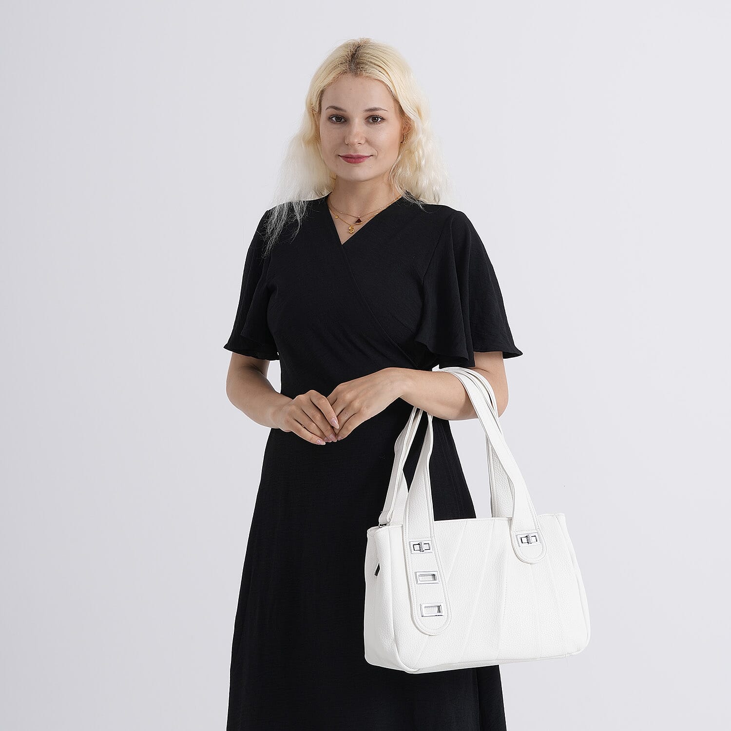 Designer Inspired - Dual-Handle Convertible Crossbody & Shoulder Handbag - White