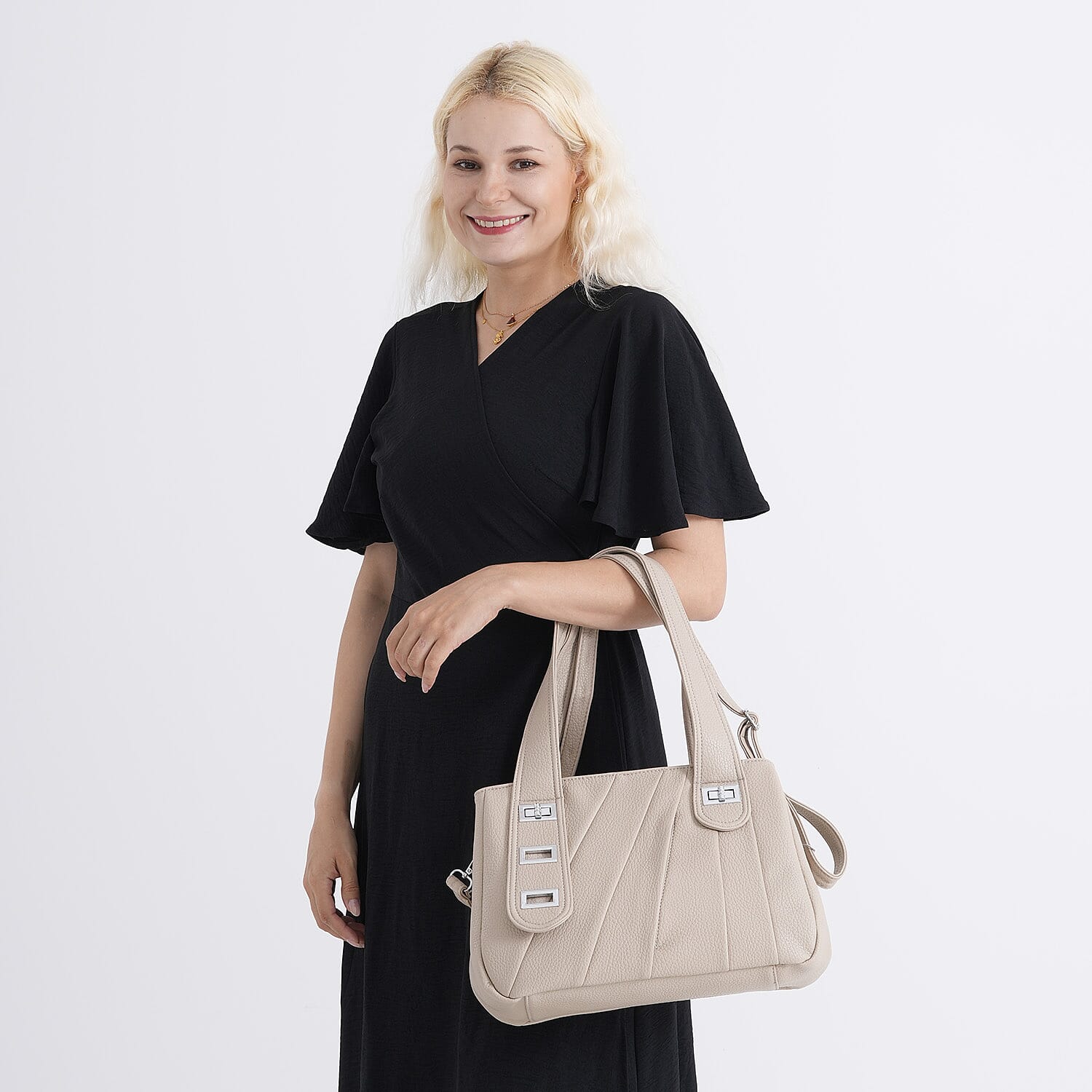 Designer Inspired - Dual-Handle Convertible Crossbody & Shoulder Handbag - Khaki