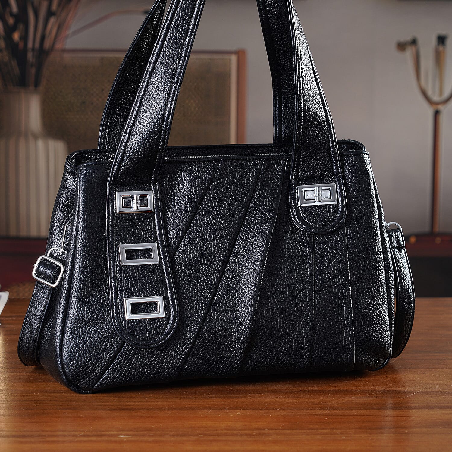 Designer Inspired - Dual-Handle Convertible Crossbody & Shoulder Handbag - Black