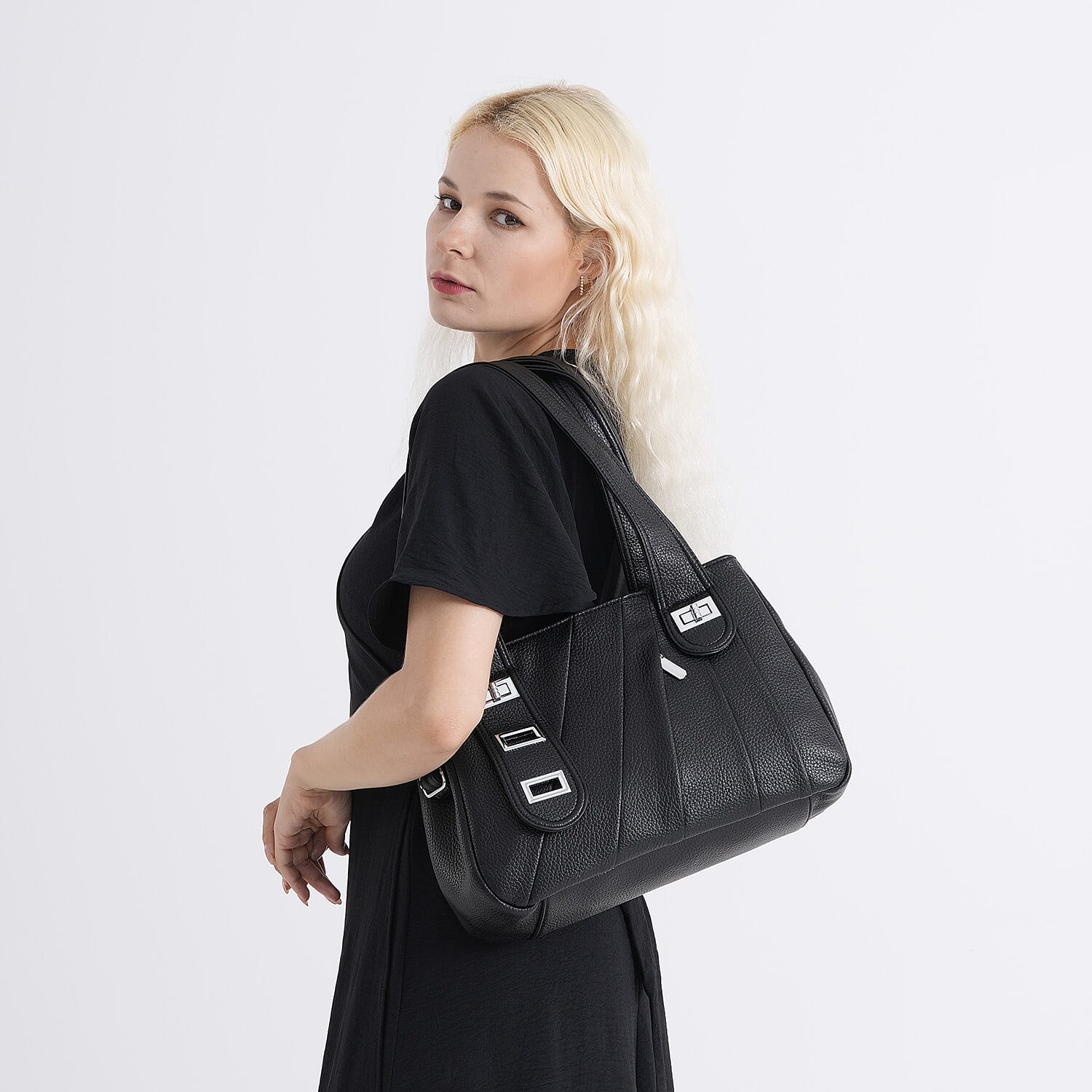 Designer Inspired - Dual-Handle Convertible Crossbody & Shoulder Handbag - Black