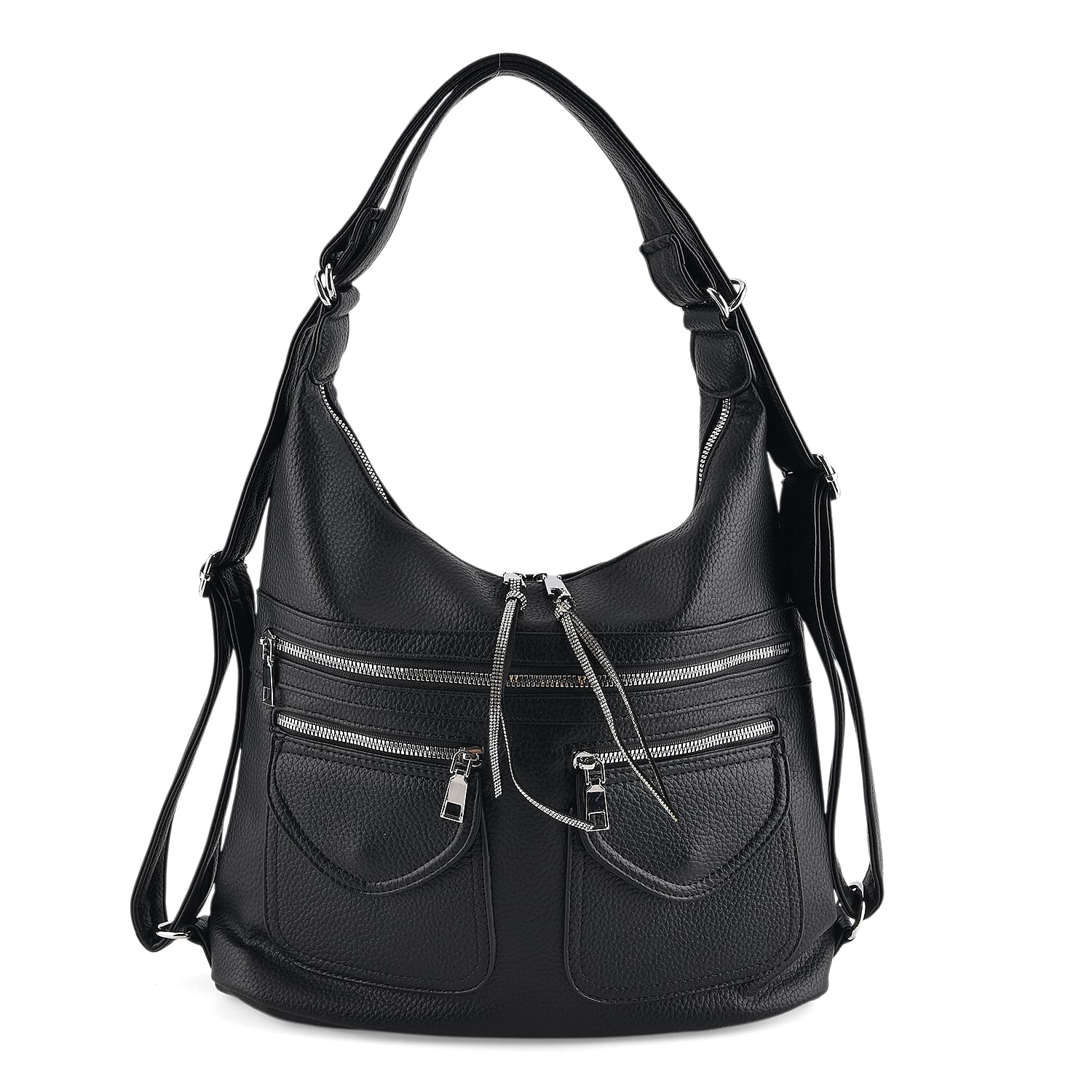 Designer Inspired Womens Multi-Pocket Crossbody Hobo Bag - Black