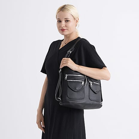 Designer Inspired Womens Multi-Pocket Crossbody Hobo Bag - Black
