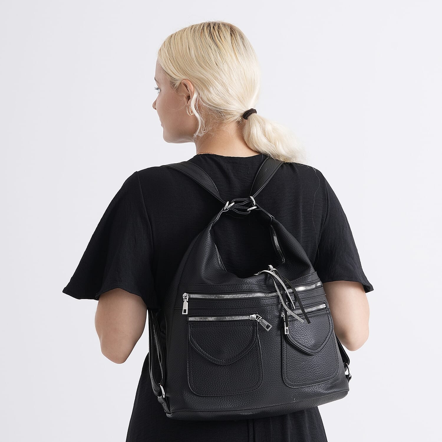 Designer Inspired Womens Multi-Pocket Crossbody Hobo Bag - Black