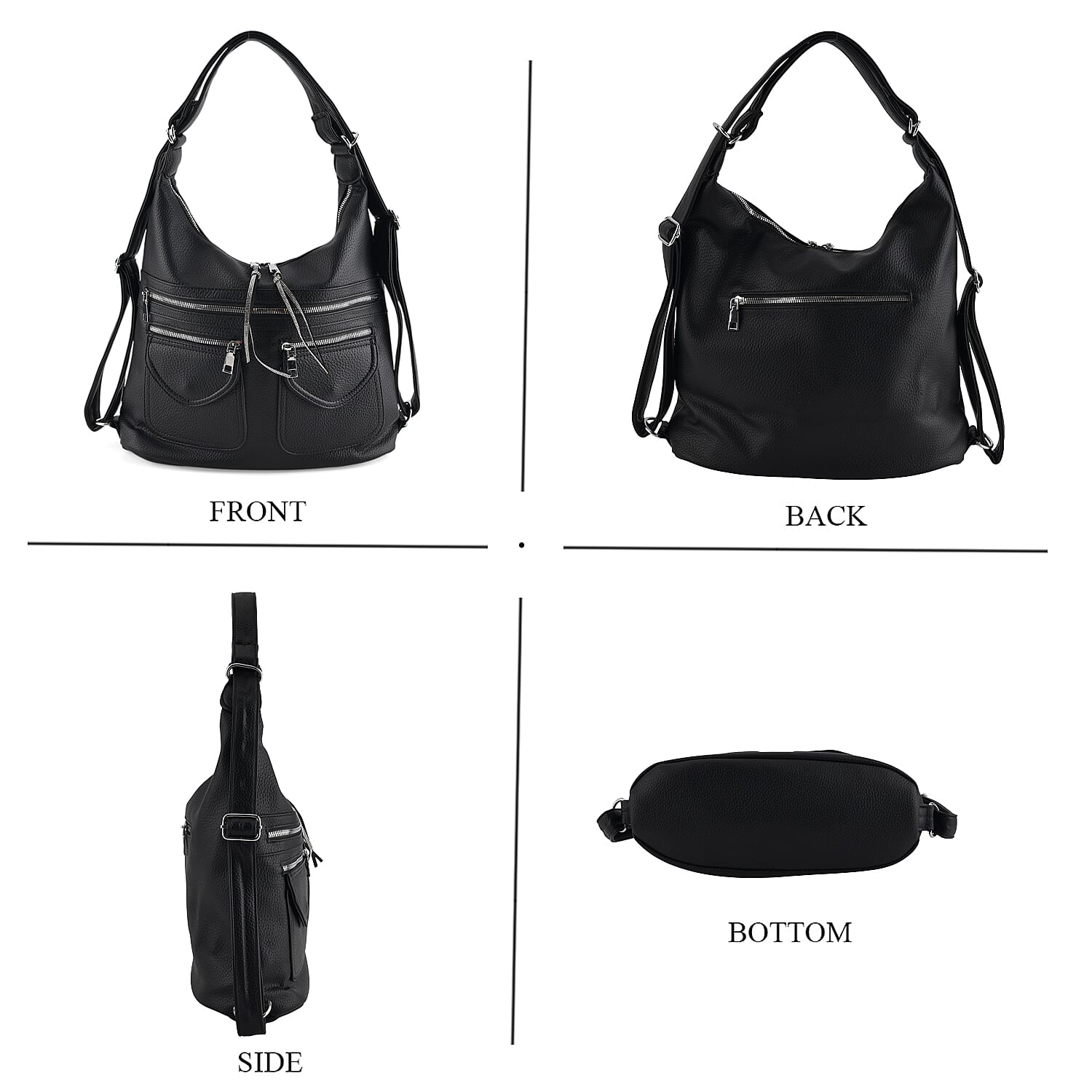 Designer Inspired Womens Multi-Pocket Crossbody Hobo Bag - Black