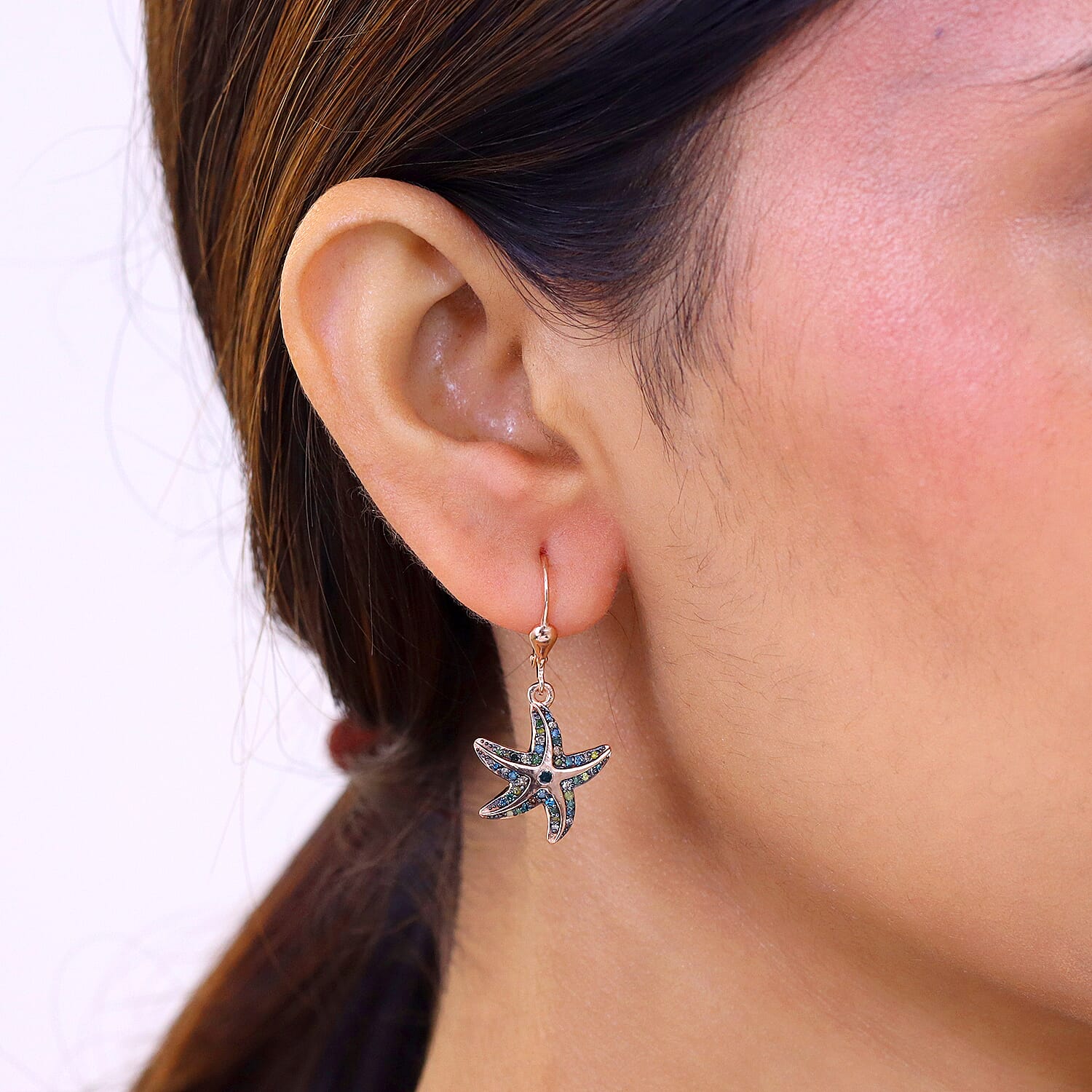 GP Trionfo Collection - Multi Diamond & Blue Sapphire Star Fish Earring with Lever Back in 18K Vermeil Rose Gold Plated Sterling Silver 0.52 Ct.