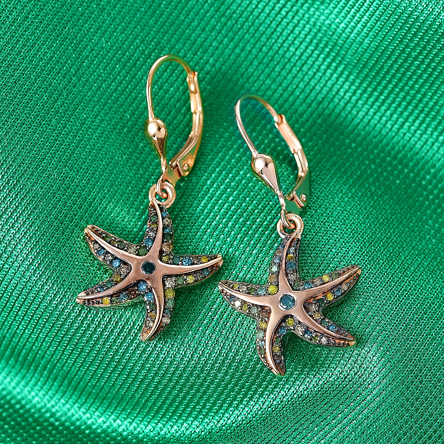 GP Trionfo Collection - Multi Diamond & Blue Sapphire Star Fish Earring with Lever Back in 18K Vermeil Rose Gold Plated Sterling Silver 0.52 Ct.