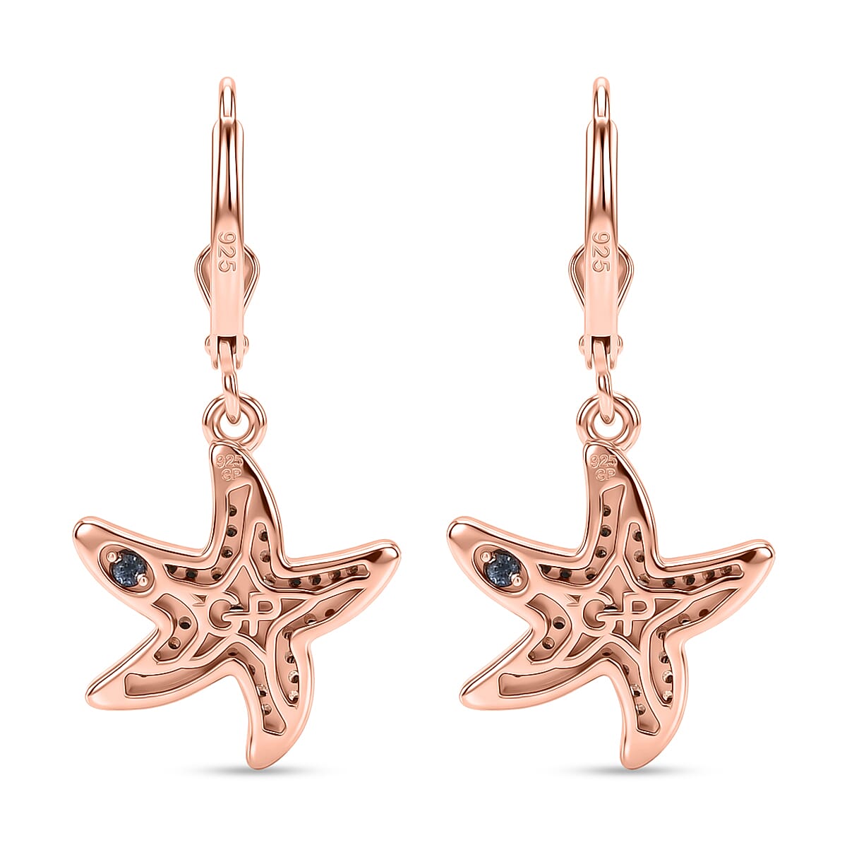 GP Trionfo Collection - Multi Diamond & Blue Sapphire Star Fish Earring with Lever Back in 18K Vermeil Rose Gold Plated Sterling Silver 0.52 Ct.