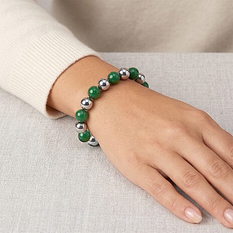 Green Jadeite Jade and Hematite Stretchable Bracelet (Size - 7.5) 200.00 Ct.