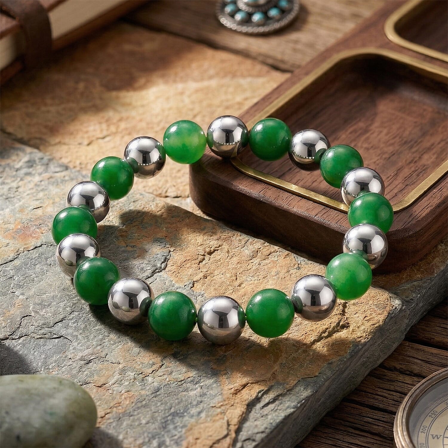 Enhanced Green Jade Beads & Hematite Stretchable Bracelet (Size - 7.5) 200.00 Ct.