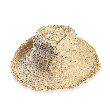 Designer Paper Straw Sun Hat with Artificial Pearls (58cm) - Off White