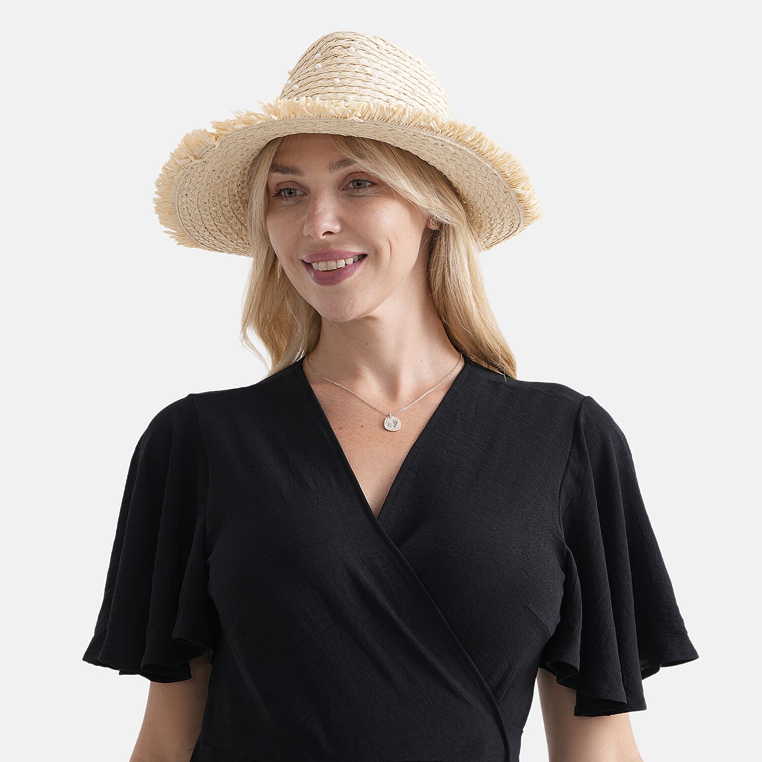 Designer Paper Straw Sun Hat with Artificial Pearls (58cm) - Off White