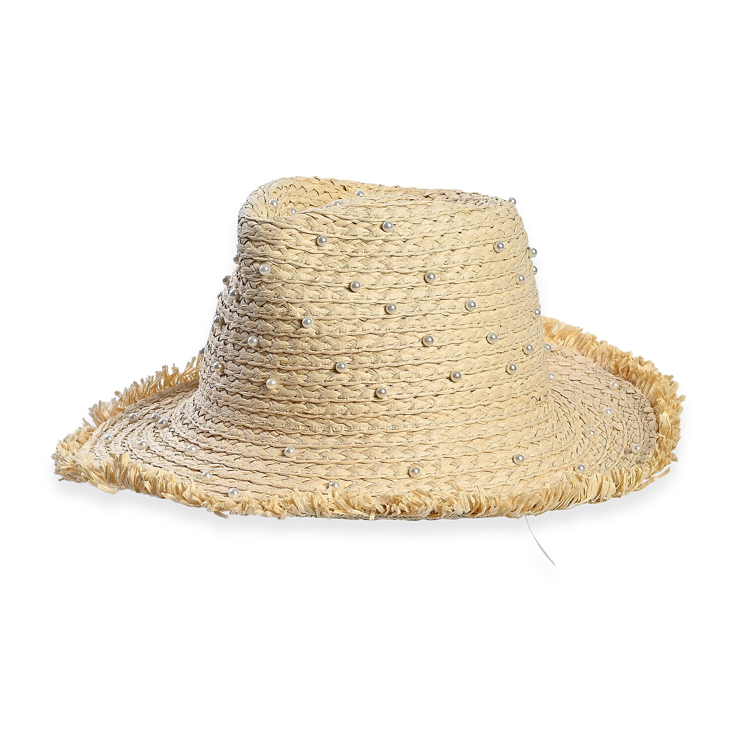 Designer Paper Straw Sun Hat with Artificial Pearls (58cm) - Off White