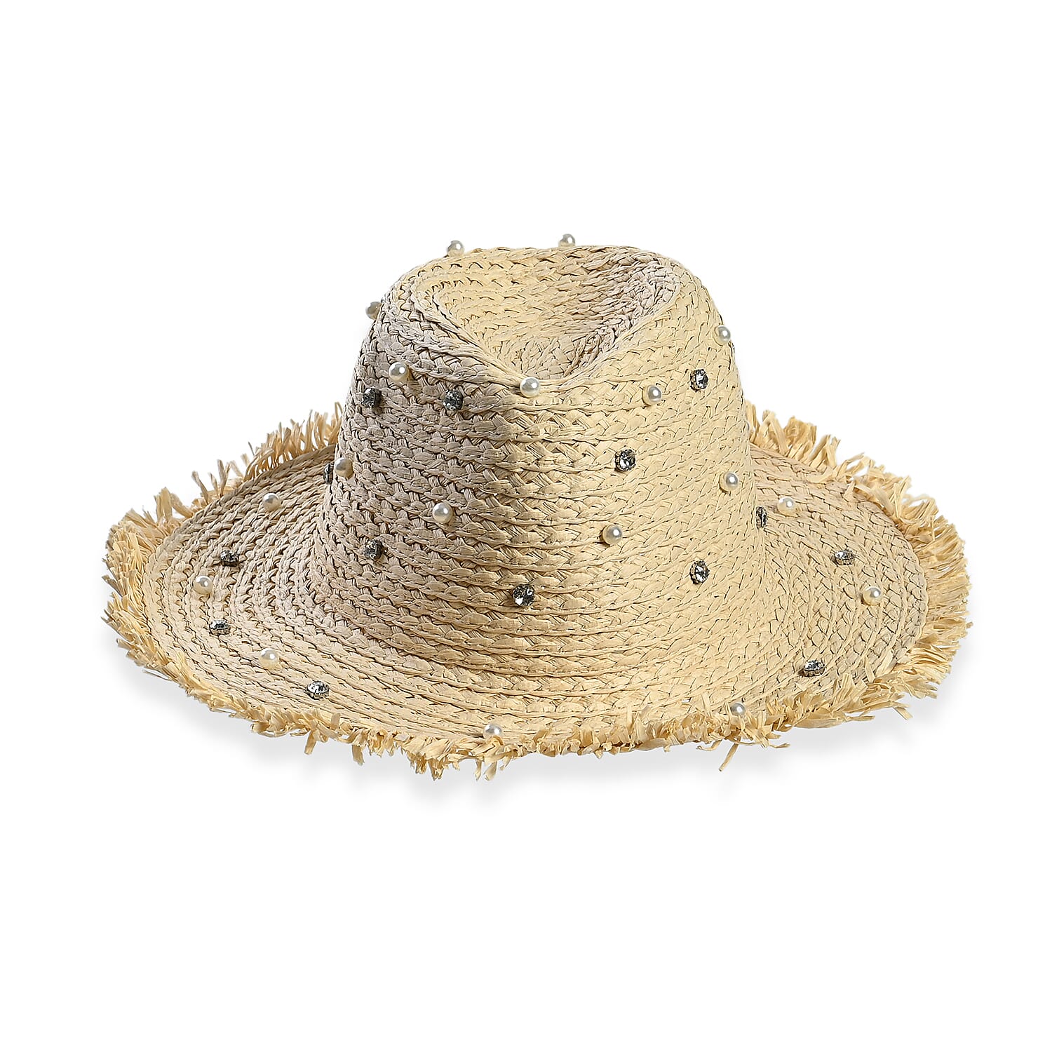 Designer Straw Sun Hat with Artificial Pearls (58cm) - Off White